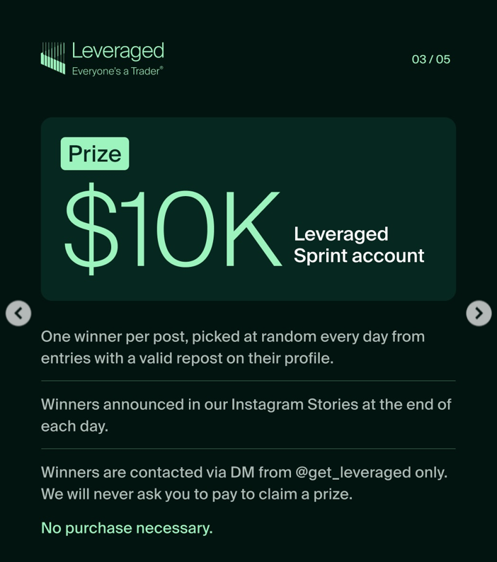 Enter the Leveraged $10K Sprint account giveaway by liking, reposting, and commenting on new posts. Check eligibility before entering.