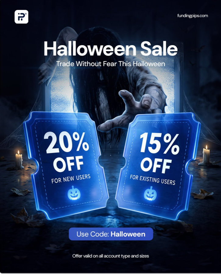 The FundingPips Halloween sale offers 20% off for new users and 15% off for existing traders on all account types and sizes.