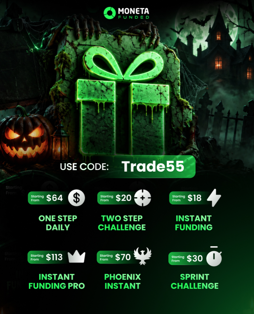 Moneta Funded offers 55% off its trading challenges with code TRADE55, reducing entry costs across six funding programs until November 4.