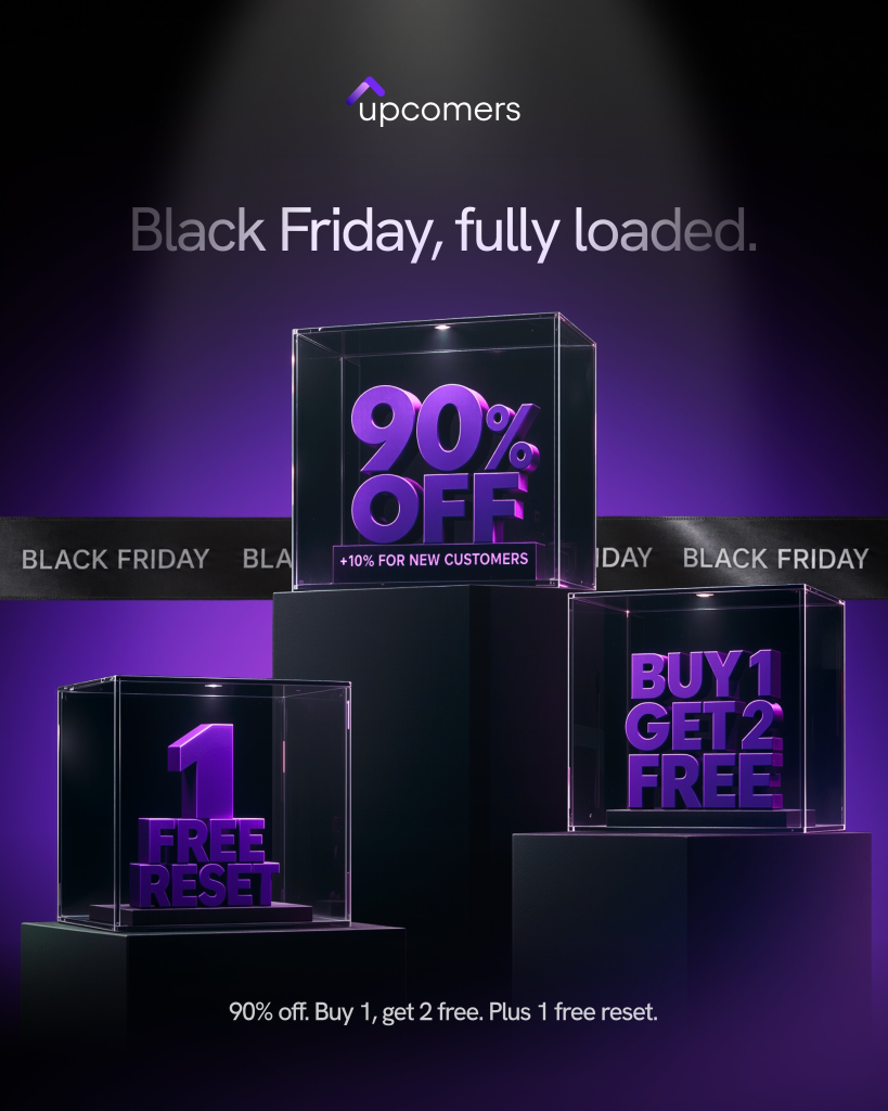 The Upcomers Black Friday deal offers up to 90% off, Buy 1 Get 2 Free, and one free reset to reduce challenge costs.