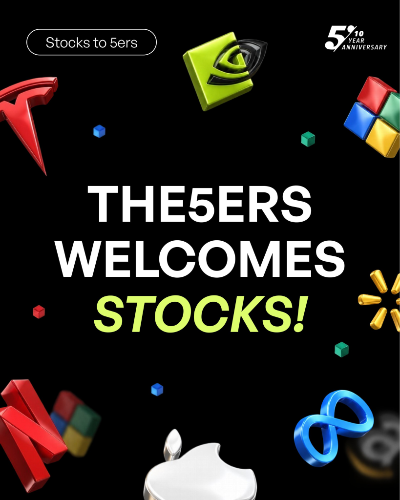 The5%ers stock trading is now available on Pro Growth and Bootcamp, giving traders access to 57 major stock tickers.