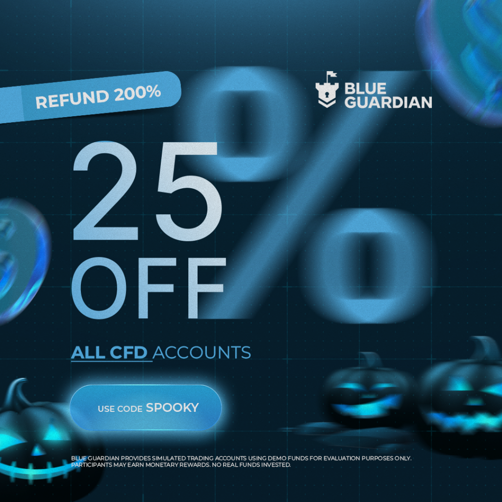The Blue Guardian Halloween Sale offers 25% off Futures and CFD accounts, with promo code SPOOKY and additional CFD bundle savings.