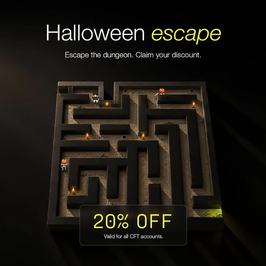 Crypto Fund Trader offers 20% off all CFT accounts through a Halloween dungeon game. Explore the promotion and potential savings.
