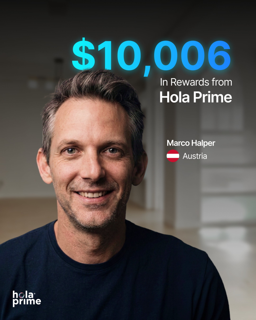 Hola Prime trader rewards reach $10,006 as Marco Halper records a 50% win rate, five payouts, and a $300,000 funded account.