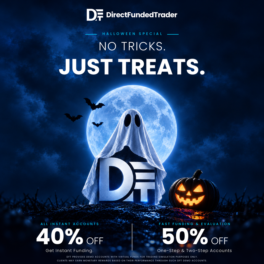 The Direct Funded Trader Halloween sale offers 40% off Instant Accounts and 50% off Fast Funding and Evaluation Accounts.
