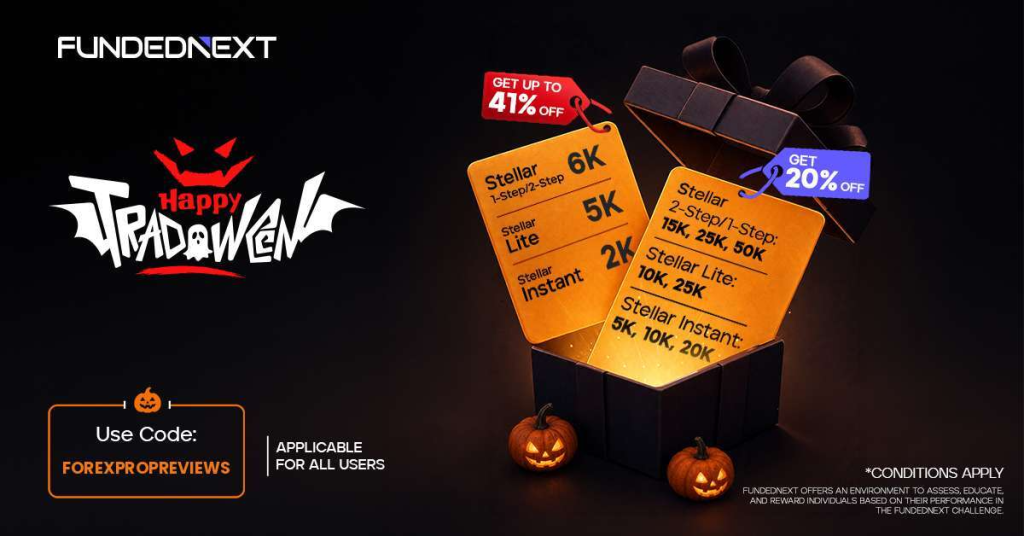 The FundedNext Halloween offer cuts Stellar challenge prices by up to 41%, plus an extra 20% off with code FOREXPROPREVIEWS.