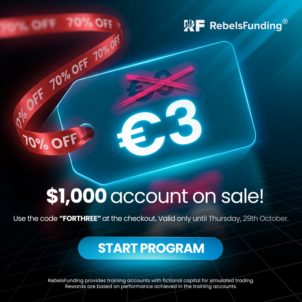 RebelsFunding offers a $1,000 trading account for €3 with code FORTHREE. The limited-time promotion expires October 29.