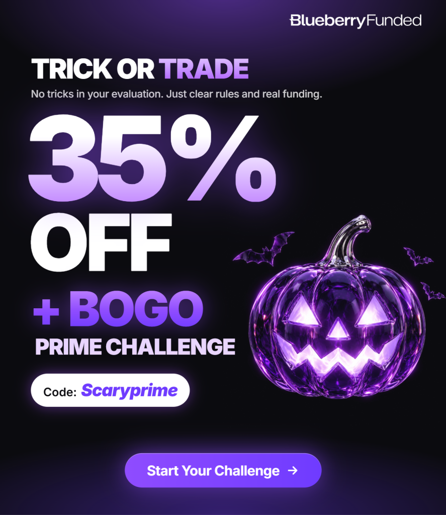 The Blueberry Funded Halloween deal offers 35% off Prime Challenges plus a free account of the same size with code SCARYPRIME.