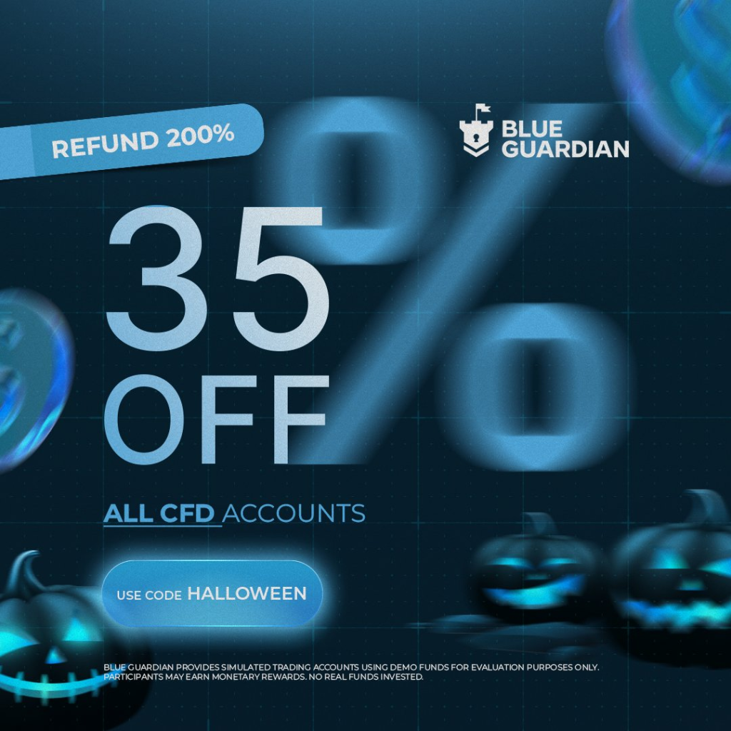 Blue Guardian Halloween sale offers 35% off Futures and CFD accounts, with instant CFD payouts and extra bundle discounts.
