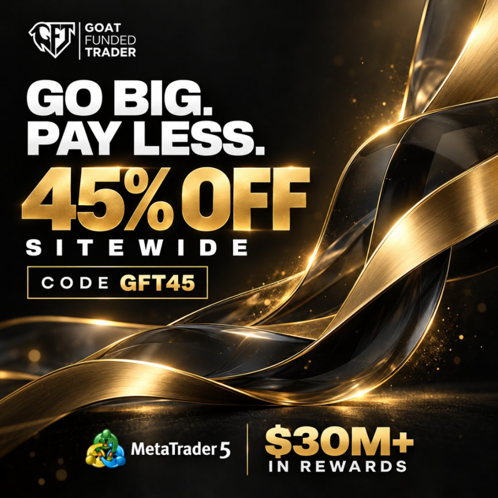Goat Funded Trader offers 45% off sitewide with GFT45, cutting challenge costs across its funding programs and MetaTrader 5 plans.