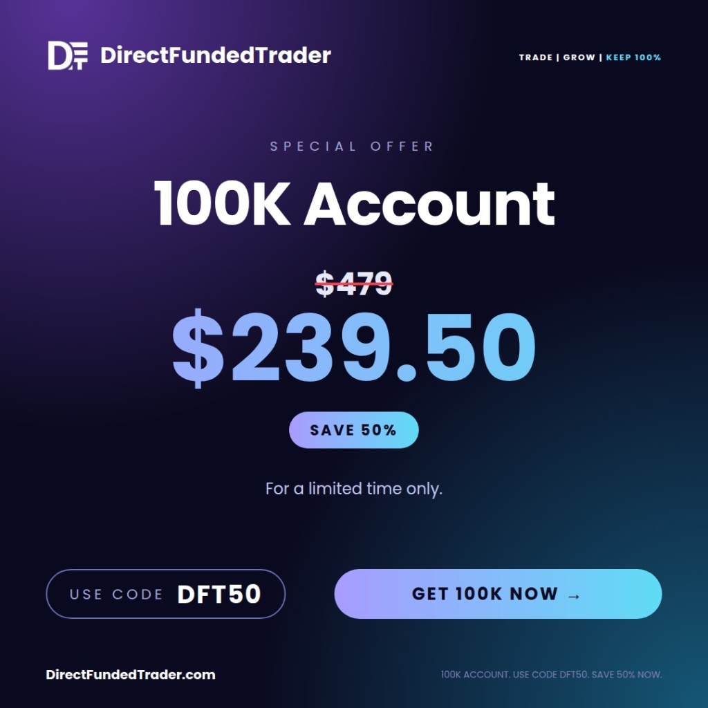 Direct Funded Trader 100K account discount, removing several common trading restrictions for a limited time.