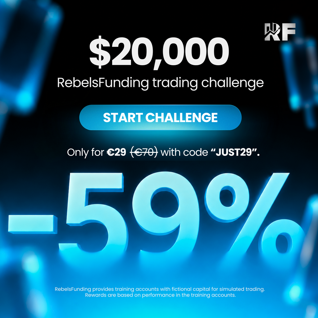 RebelsFunding cuts its $20K challenge to €29 with code JUST29, giving traders 59% discount until October 8.
