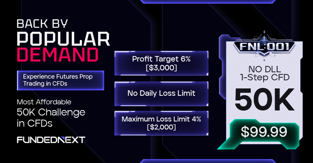 FundedNext FNL:001 50K Challenge returns at $99.99 with a 6% target, no daily loss limit and flexible trading rules.
