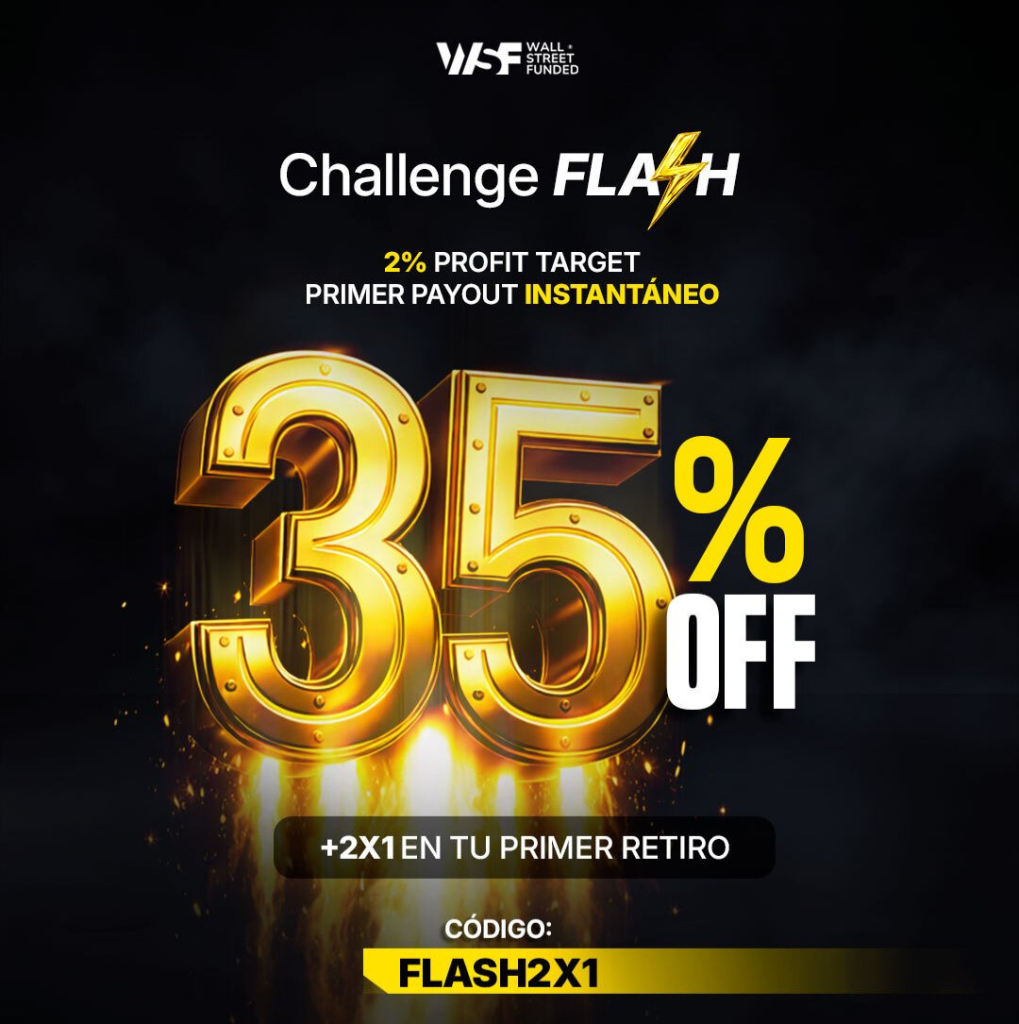 Wall Street Funded offers a 35% discount and BOGO first payout with code FLASH2X1, giving traders added payout value.